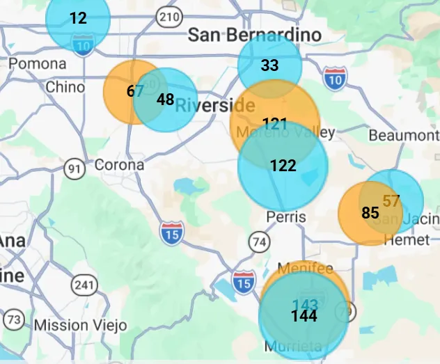 The Duet Origin-Destination Map: pickup and dropoff clusters drawn as sized circles with trip counts across a provider's service area